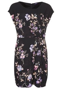 Czarna sukienka z rękawami typu cap, w kwiatowy wzór w kolorach fioletowym i różowym. Posiada okrągły dekolt oraz drapowanie w okolicy talii.