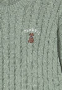 Suéter de punto trenzado verde claro con un perro marrón bordado y el texto blanco "BROWNIE" encima del perro en el pecho.