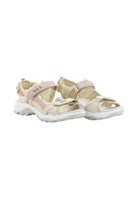 Sandalias ligeras en beige con acentos rosas, que cuentan con múltiples correas, una plantilla acolchada y una suela de goma blanca texturizada.