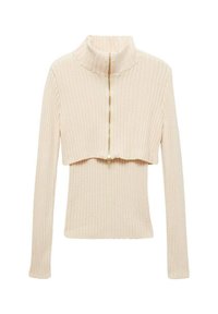 Beige ribbed sweater with a high collar and half-zip front. Fitted design with long sleeves and a cropped length. Soft texture.