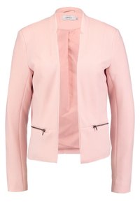 Ljusrosa blazer i texturerat tyg, öppen framtill, långa ärmar och två fickor med dragkedja på sidan. Enkelt mönster med minimala detaljer.