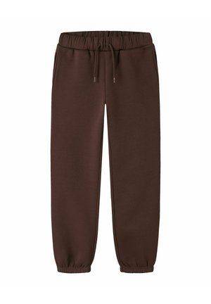 Pantalon de survêtement marron avec taille élastique, cordon, poches latérales et bas élastiques aux chevilles, présenté sur fond blanc.