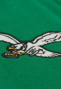 Tessuto verde con un motivo ricamato di un uccello in volo, contornato di nero e con dettagli bianchi, gialli e grigi.