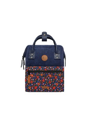 Navy corduroy backpack with floral pattern in red, pink, and purple. Features a top handle, front zipper pocket, and leather accents.