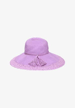 Levendulalila színű, széles karimájú napkalap fonott szalaggal és két bojttal, texturált szövött karimaéllel.