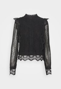 Blouse en dentelle noire avec un col montant, manches longues transparentes rayées, ourlet festonné et motifs floraux complexes. Accents détaillés sur les épaules.