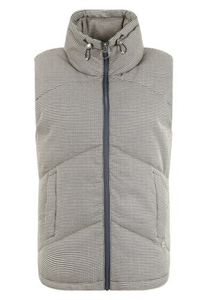 Gilet matelassé en motif pied-de-poule, principalement noir et blanc, avec un col haut, une fermeture éclair à l'avant et deux poches latérales.