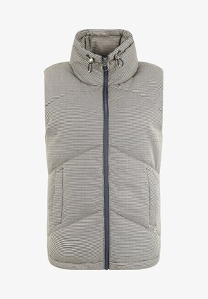 Gilet matelassé en motif pied-de-poule, principalement noir et blanc, avec un col haut, une fermeture éclair à l'avant et deux poches latérales.