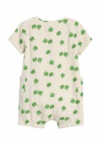 Grüner Apfel-Print Jumpsuit, aus weichem Stoff, mit kurzen Ärmeln, lockerer Passform, verfügt über zwei seitliche Taschen und einen runden Ausschnitt.