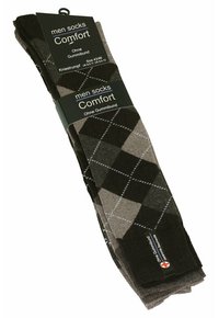 Calze da uomo al ginocchio in motivo argyle marrone scuro e grigio, realizzate in un tessuto morbido, con un design senza gomma per un maggiore comfort.