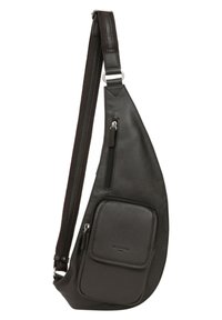 Borsa a tracolla in pelle nera con texture liscia, forma triangolare, tasca frontale con zip e tracolla regolabile con tessuto intrecciato.