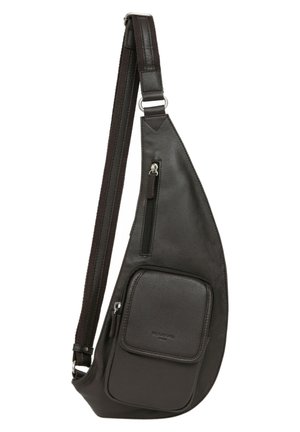 Sac à bandoulière en cuir noir avec une texture lisse, en forme triangulaire, poche zippée à l'avant et bandoulière réglable en tissu tissé.
