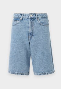 Light blue denim shorts with a classic cut, featuring a high waistband, front pockets, and frayed hem detailing.