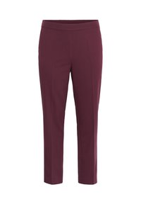 Burgundské kalhoty se rovný střihem, elastickým pasem, bez kapes a hladkým texturovaným materiálem. Vhodné pro casual nebo formální nošení.