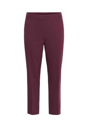 Burgundy trousers with a straight cut, elastic waistband, no pockets, and smooth, textured fabric. Suitable for casual or formal wear.