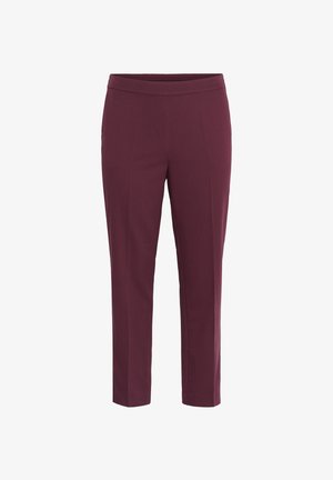 Burgundy trousers with a straight cut, elastic waistband, no pockets, and smooth, textured fabric. Suitable for casual or formal wear.