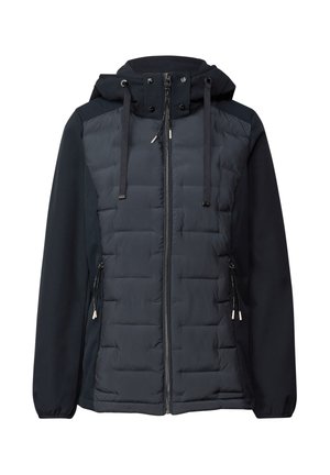 Veste matelassée gris foncé avec une capuche et des manches noires unies, dotée d'une fermeture éclair frontale et d'un cordon de serrage, avec deux poches latérales zippées.
