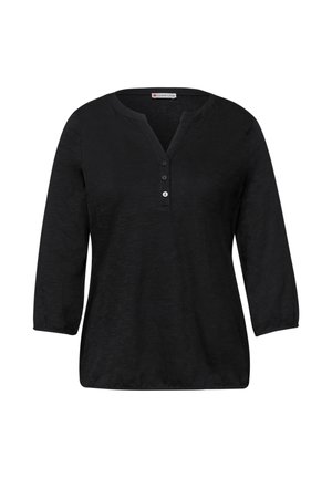 Blouse pour femme noire avec manches aux trois quarts, col en V et trois boutons au centre devant.