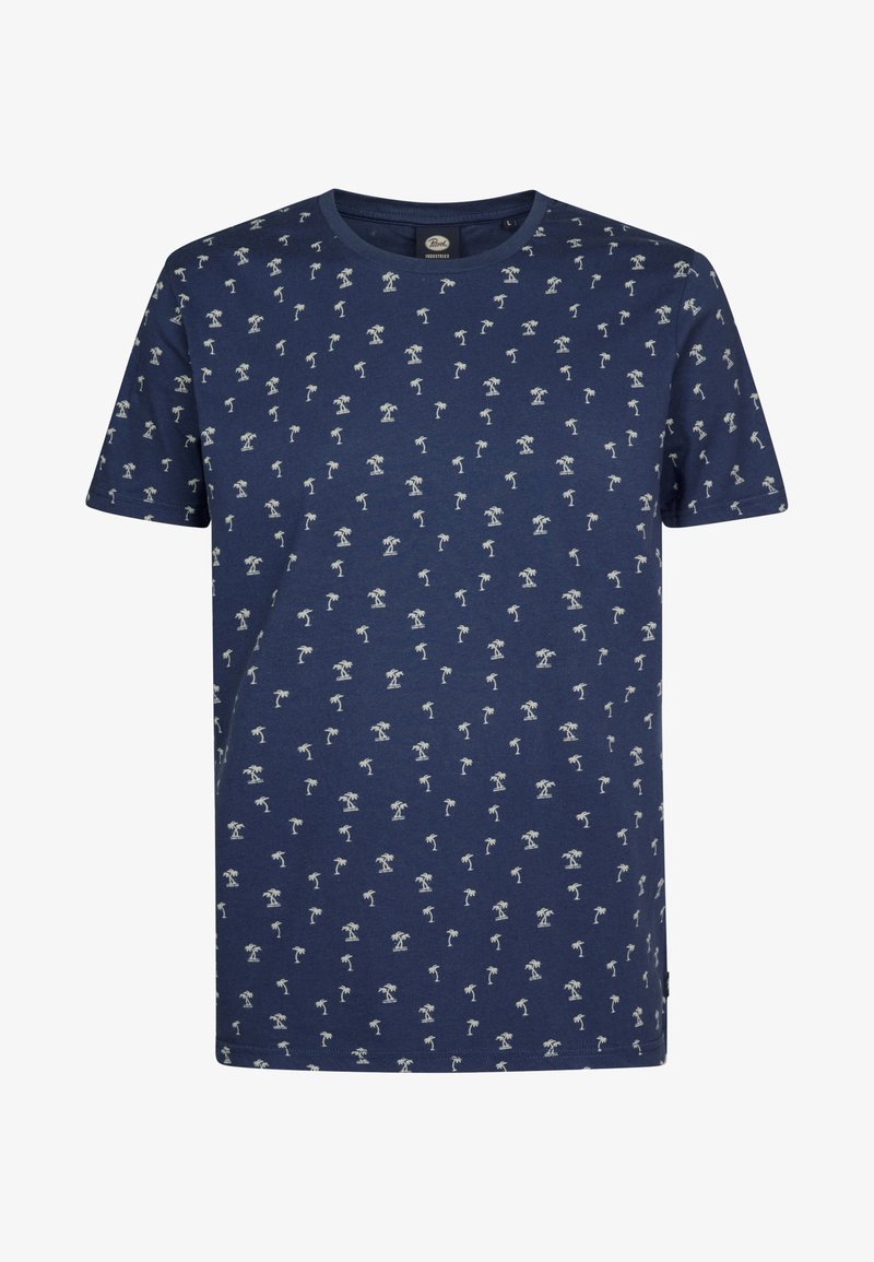 Tmavě modré bavlněné tričko s kulatým výstřihem a celoplošným vzorem bílých palem. Krátké rukávy a rovný spodní lem se štítkem s logem na bočním švu.