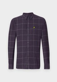 Long-sleeve button-up shirt in dark purple with a grid pattern in white and grey. Features a small, green emblem on the chest pocket.
