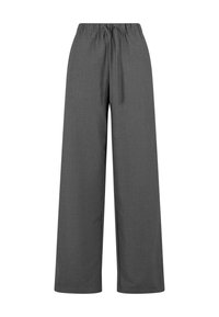 Grijze wijde broek met een trekkoord in de taille, gemaakt van een gladde stof, met een eenvoudig ontwerp en zonder zichtbare patronen of accenten.