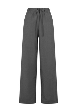Grijze wijde broek met een trekkoord in de taille, gemaakt van een gladde stof, met een eenvoudig ontwerp en zonder zichtbare patronen of accenten.