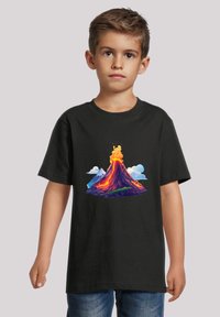 Black t-shirt with a colorful graphic of a volcano erupting, featuring shades of orange, red, and purple against a background with clouds and mountains.