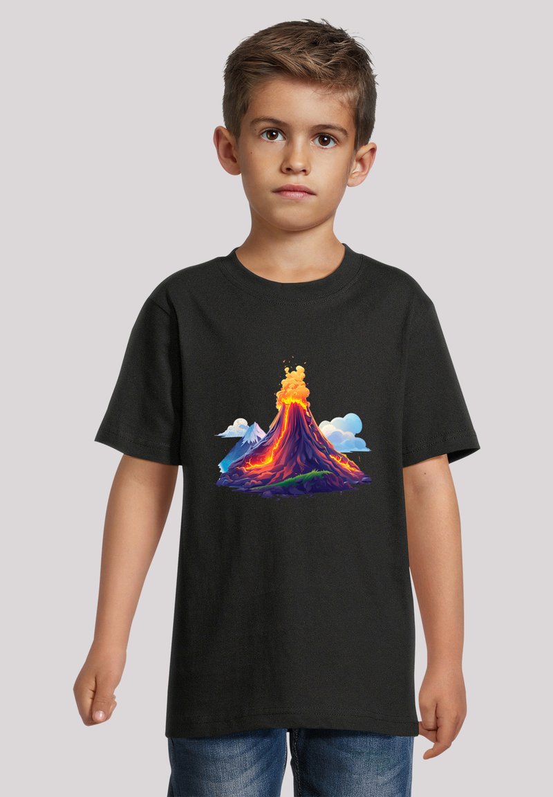 Black t-shirt with a colorful graphic of a volcano erupting, featuring shades of orange, red, and purple against a background with clouds and mountains.