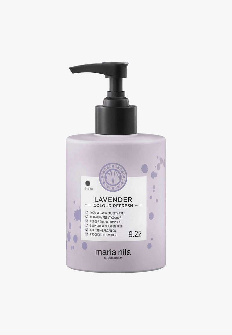 Lavendel haarkleurverfrisser in een cilindervormige paarse fles met een zwarte pomp, voorzien van een label met productdetails en iconen.