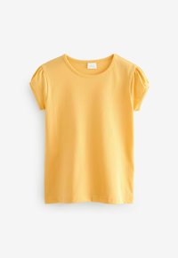 T-shirt jaune à manches courtes avec un col rond et des manches bouffantes, en coton doux, avec un ourlet droit.