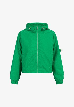 Groene hoodiejas met volledige rits aan de voorkant, lange elastische cuffs en een klein ritsvakje op de linker mouw.