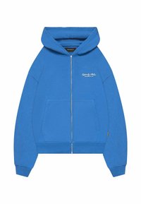 Modrá zipová mikina vyrobená z měkké bavlny. Má přední kapsu, kapuci se šňůrkou a vyšitý logo na levé hrudi.
