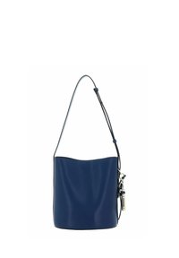 Sac seau en cuir bleu marine à texture lisse, avec une bandoulière réglable unique et un accent de charme métallique sur le côté.
