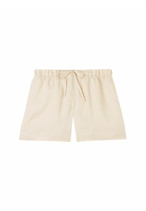 Beige linen shorts with an elastic waistband, drawstring closure, and straight leg design. Smooth texture and no visible patterns or accents.