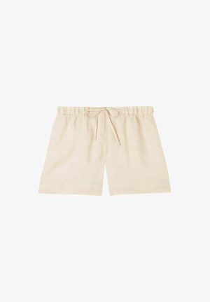 Beige linen shorts with an elastic waistband, drawstring closure, and straight leg design. Smooth texture and no visible patterns or accents.