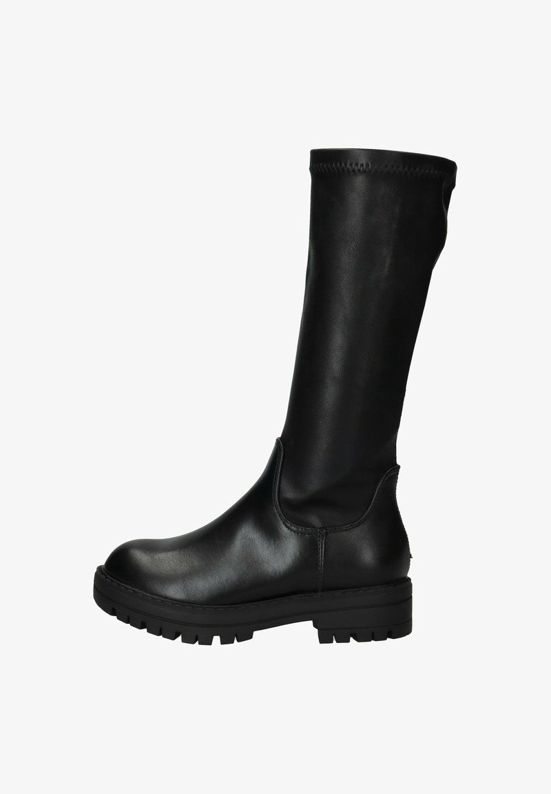 Zwarte leren laarzen tot de knie met een gladde afwerking, ronde neus en een gestructureerde rubberen zool. Heeft een rekbare bovenkant voor extra comfort.