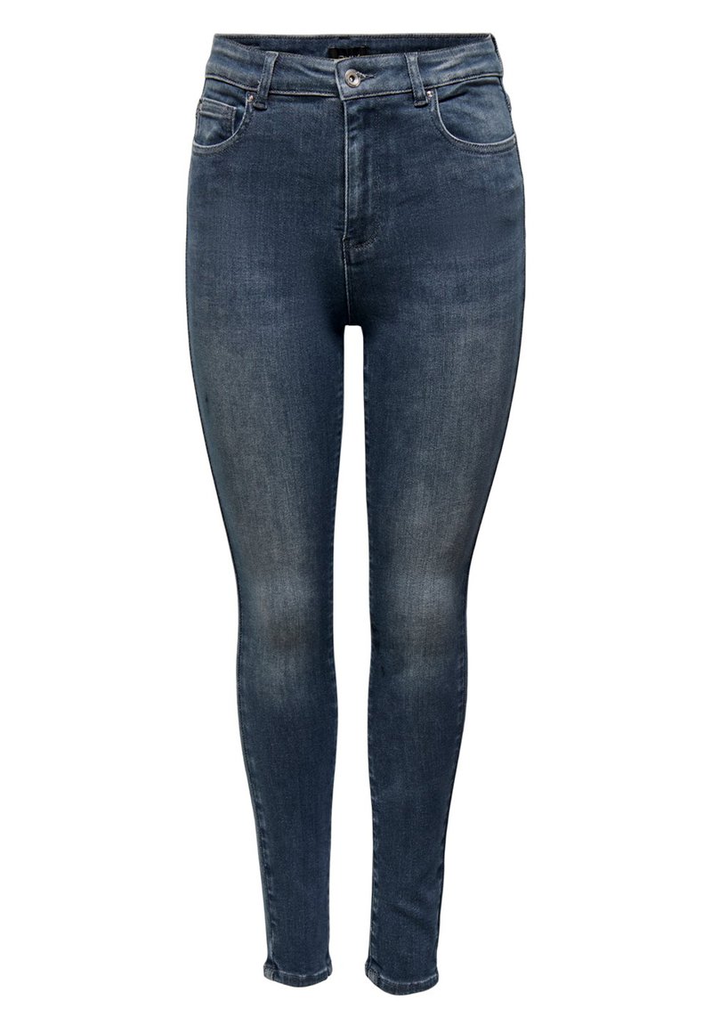 Jeans skinny em denim azul escuro com frente desbotada, design de cinco bolsos, passantes para cinto e fecho de zip com botão.