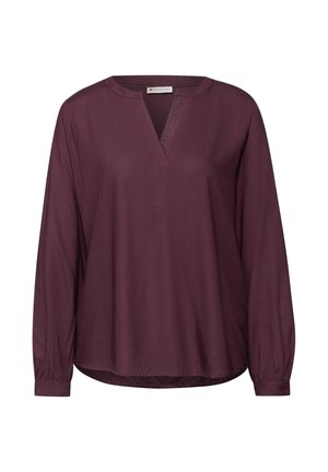 Blouse à manches longues couleur bordeaux avec un décolleté en V et un détail texturé. Tissu doux, coupe d�écontractée et poignets froncés. Idéale pour un usage quotidien.