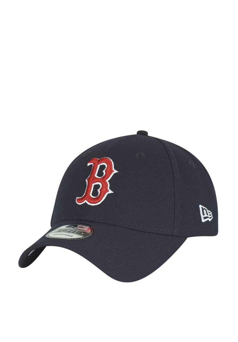 Navy baseball cap featuring a red embroidered 'B' logo on the front. Adjustable fit with a curved brim and textured fabric.