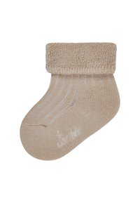 Beige sock with a textured, folded cuff and vertical stripes. Made of soft material with a smooth finish. Features small brand logo on side.