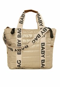 Geantă tote din material khaki cu curele imprimate cu textul "BABY BAG", închidere cu fermoar și accente de mânere de culoare maronie. În plus, are curea de umăr ajustabilă.