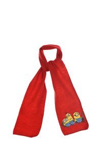 Sciarpa di lana rossa con una texture morbida. Presenta una grafica di tre Minions a un'estremità. Ha un design semplice ed allungato.