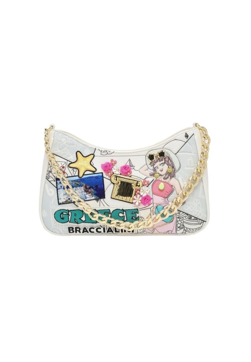 Sac à main blanc avec une chaîne dorée ; présente des appliqués colorés, dont une étoile, des fleurs et des illustrations, le texte indique "Grèce Braccialini."