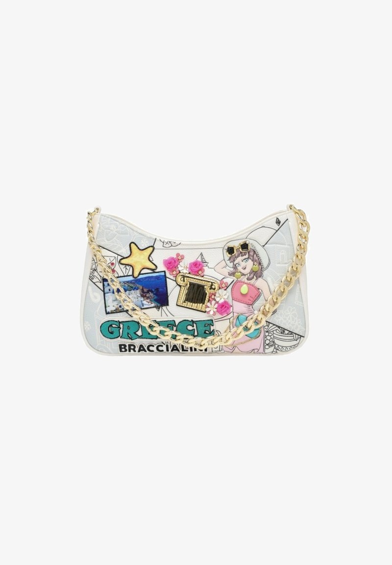 Sac à main blanc avec une chaîne dorée ; présente des appliqués colorés, dont une étoile, des fleurs et des illustrations, le texte indique "Grèce Braccialini."