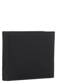 Black leather wallet with a smooth texture, bi-fold design, and embossed logo. Features neat stitching and a compact rectangular shape.