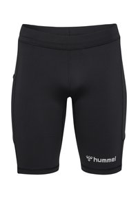 Svarta prestationsshorts gjorda av stretchmaterial. Har en figurnära design, platta sömmar och en vit logotyp på den nedre vänstra panelen.