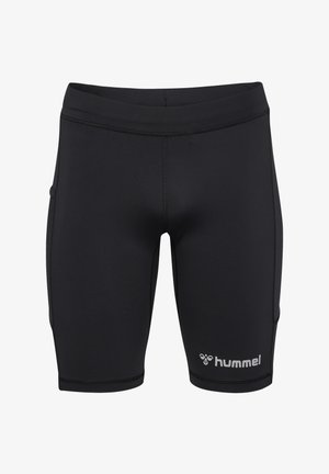 Zwarte performance shorts gemaakt van rekbaar materiaal. Heeft een aansluitend ontwerp, platte naden en een wit logo op het linkeronderpaneel.