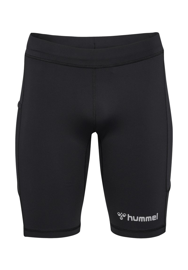 Svarta prestationsshorts gjorda av stretchmaterial. Har en figurnära design, platta sömmar och en vit logotyp på den nedre vänstra panelen.