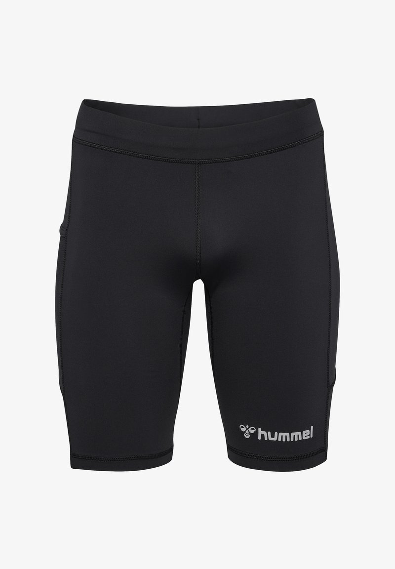 Svarta prestationsshorts gjorda av stretchmaterial. Har en figurnära design, platta sömmar och en vit logotyp på den nedre vänstra panelen.