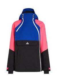 Veste d'hiver avec capuche bleue, manches supérieures roses et bas noir, avec fermetures éclair blanches et une poche avant à rabat avec logo.